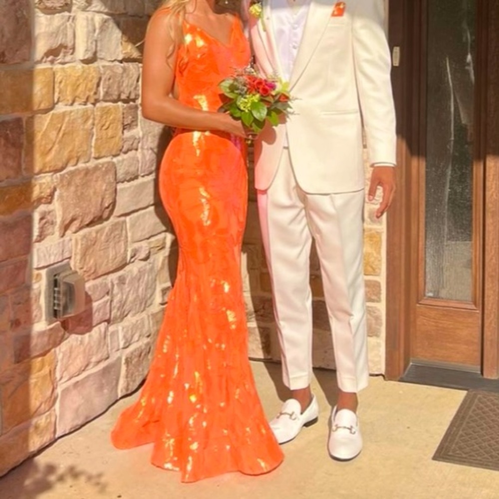 Jovani Neon Orange Sequin Mermaid Prom Dress